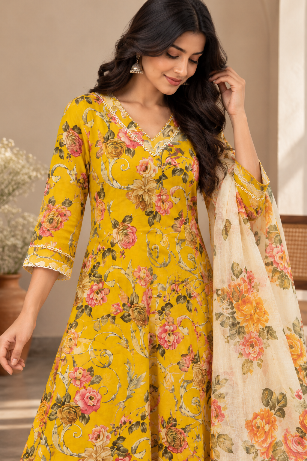 Yellow Floral Cotton Kurta Set
