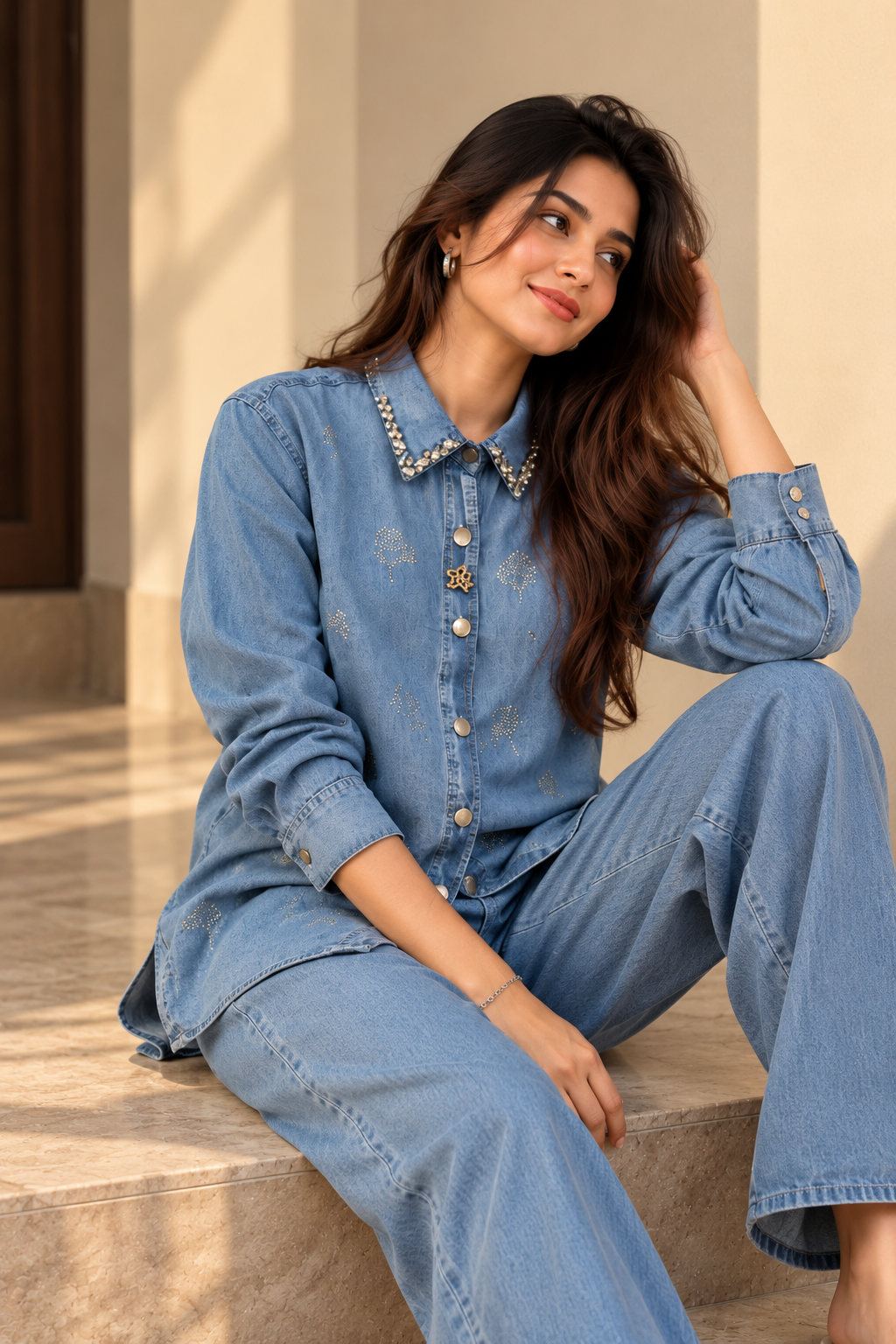 Denim Blue Embellished Co-ord Set