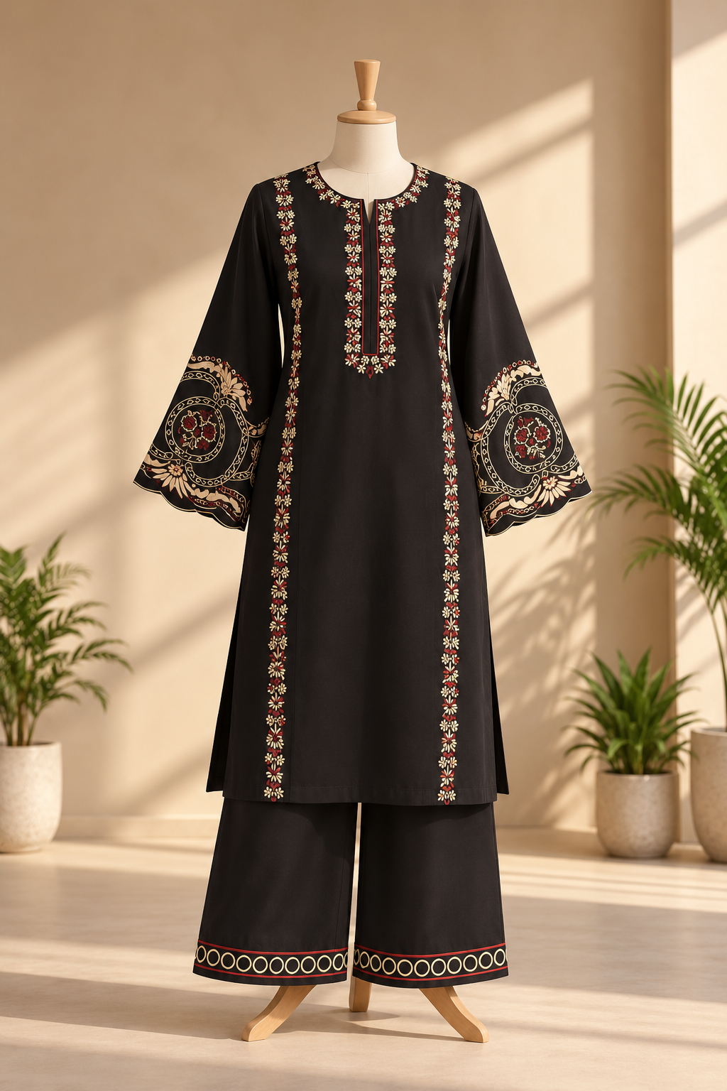 Elegant Black Embroidered Kurta Palazzo Set