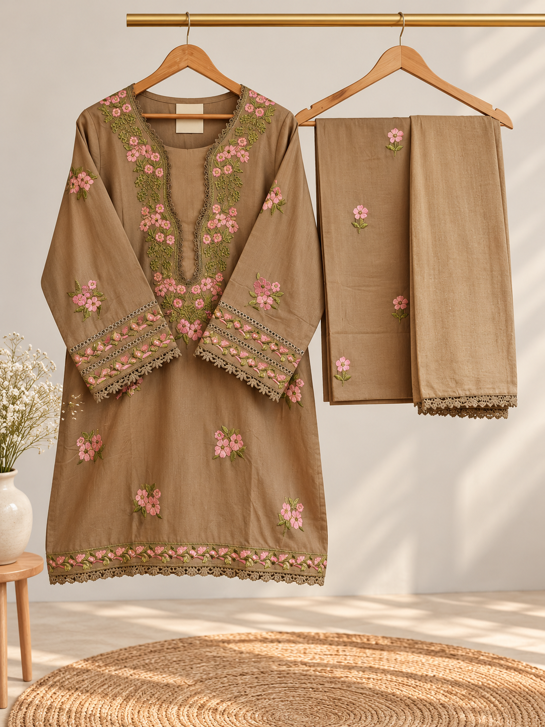 Elegant Taupe Floral Embroidered Kurta Set with Dupatta