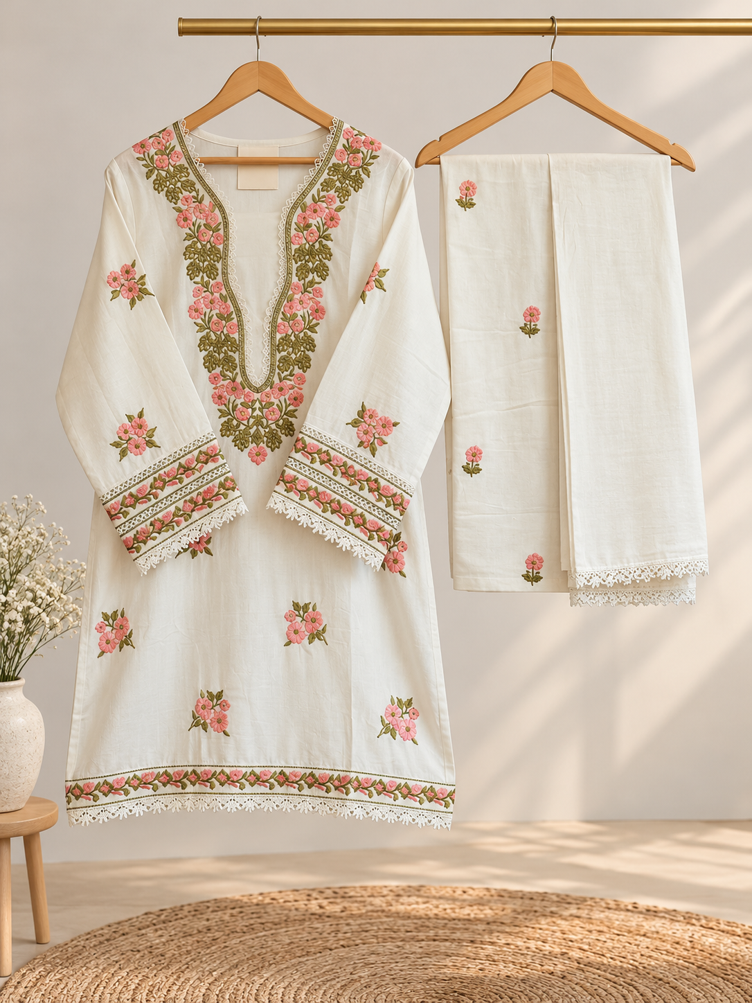 Elegant Ivory Floral Embroidered Kurta Set with Dupatta