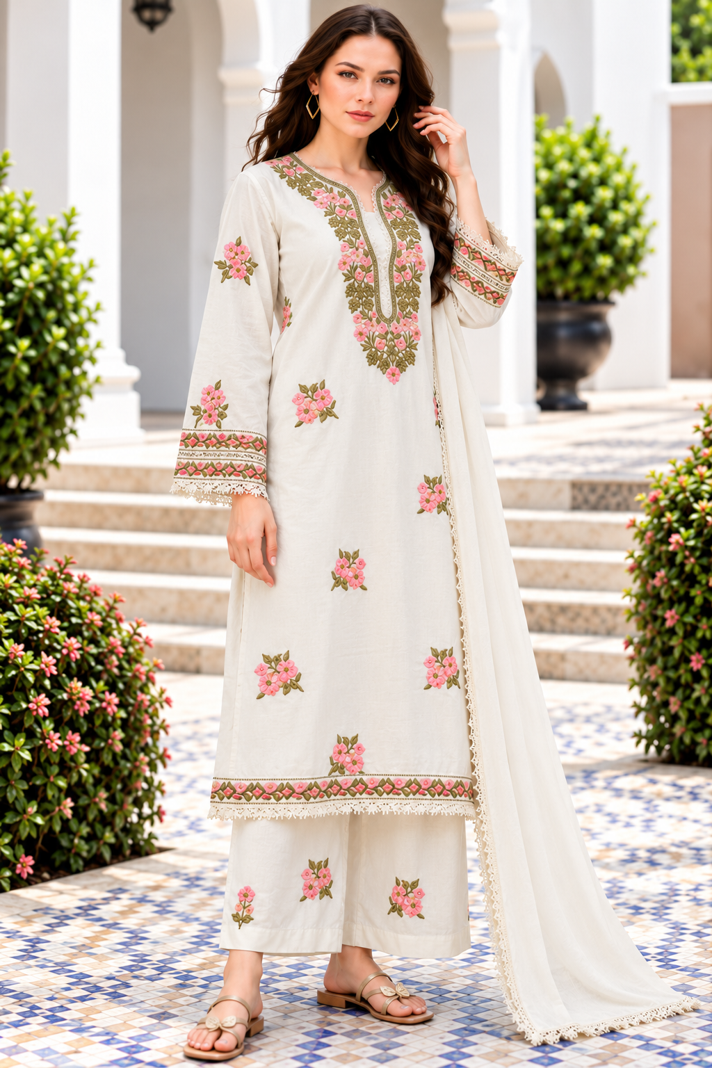 Elegant Ivory Floral Embroidered Kurta Set with Dupatta