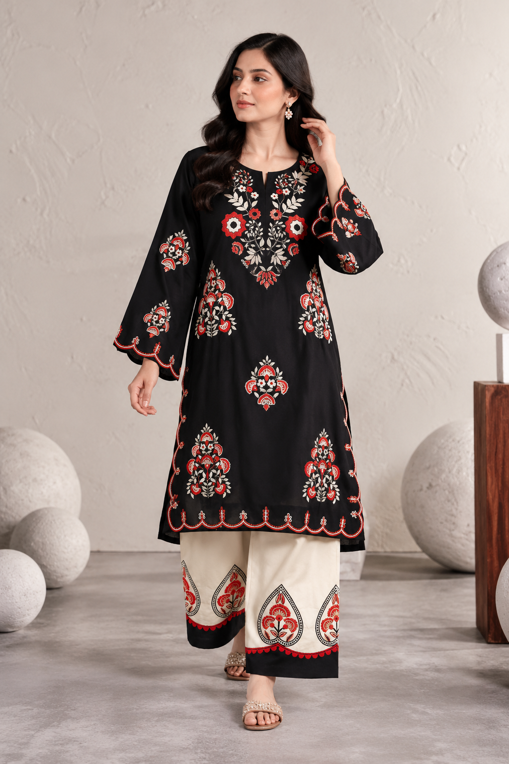 Elegant Black & Ivory Embroidered Kurta Pant Set