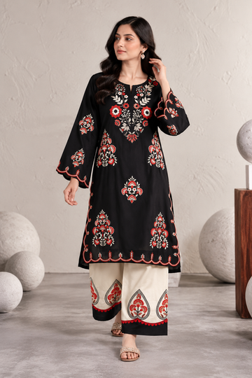 Elegant Black & Ivory Embroidered Kurta Pant Set