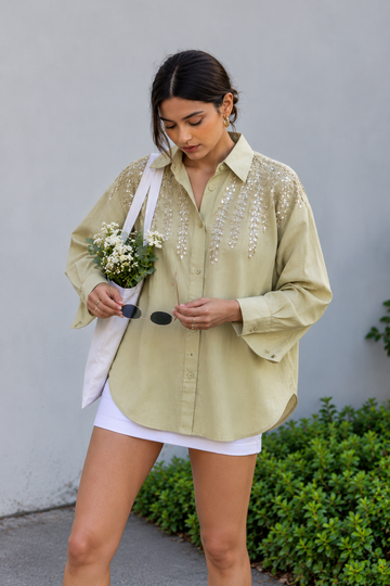 Elegant Sage Green Embroidered Button-Down Shirt