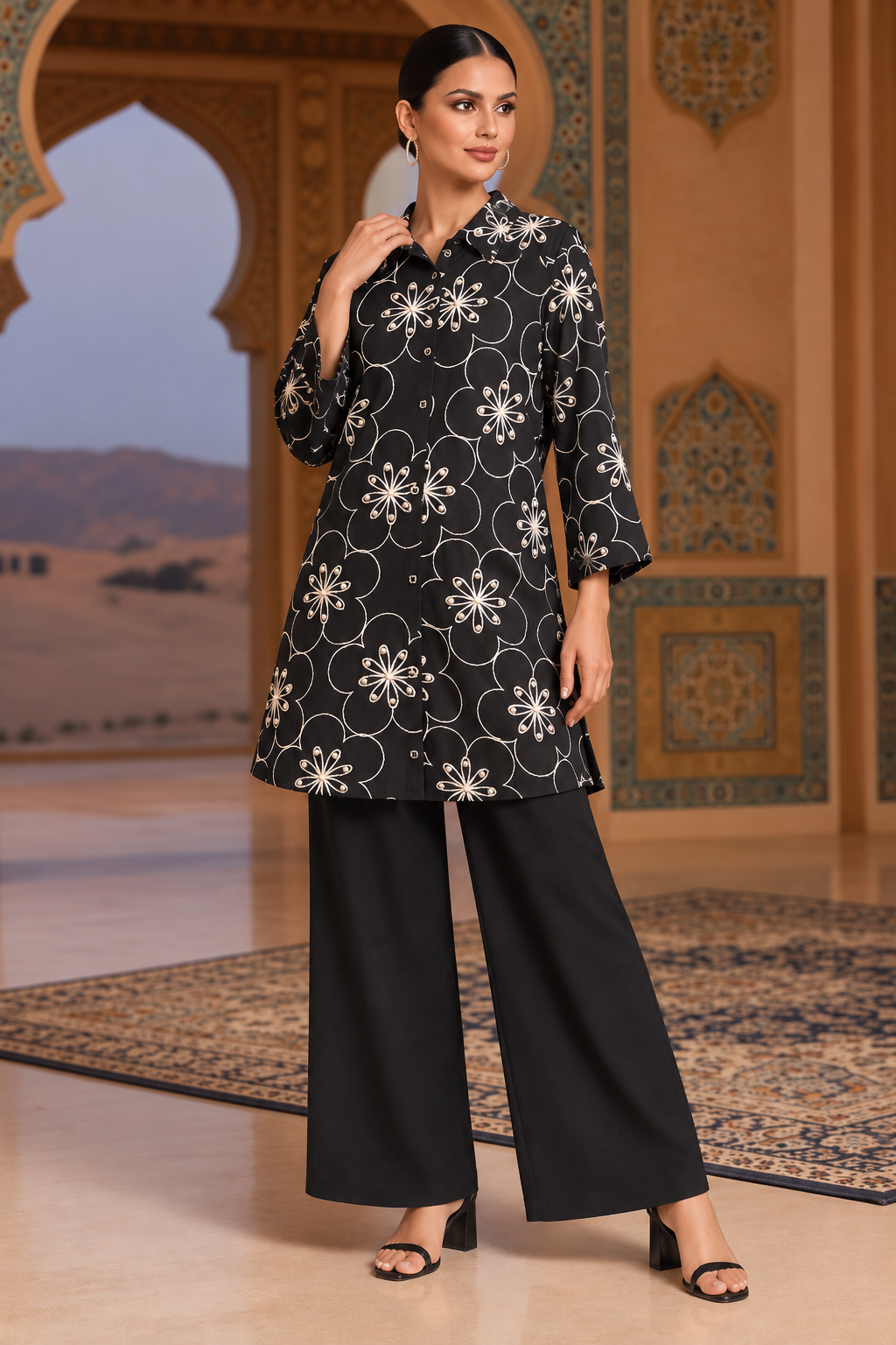 Black Floral Embroidered Shirt-Style Co-Ord Set