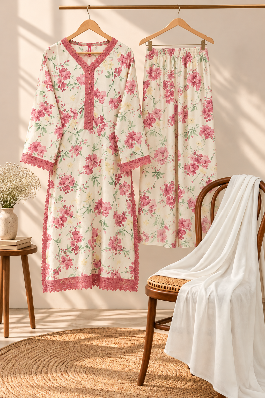 Elegant Ivory Floral Printed Kurta Palazzo Set with White Dupatta