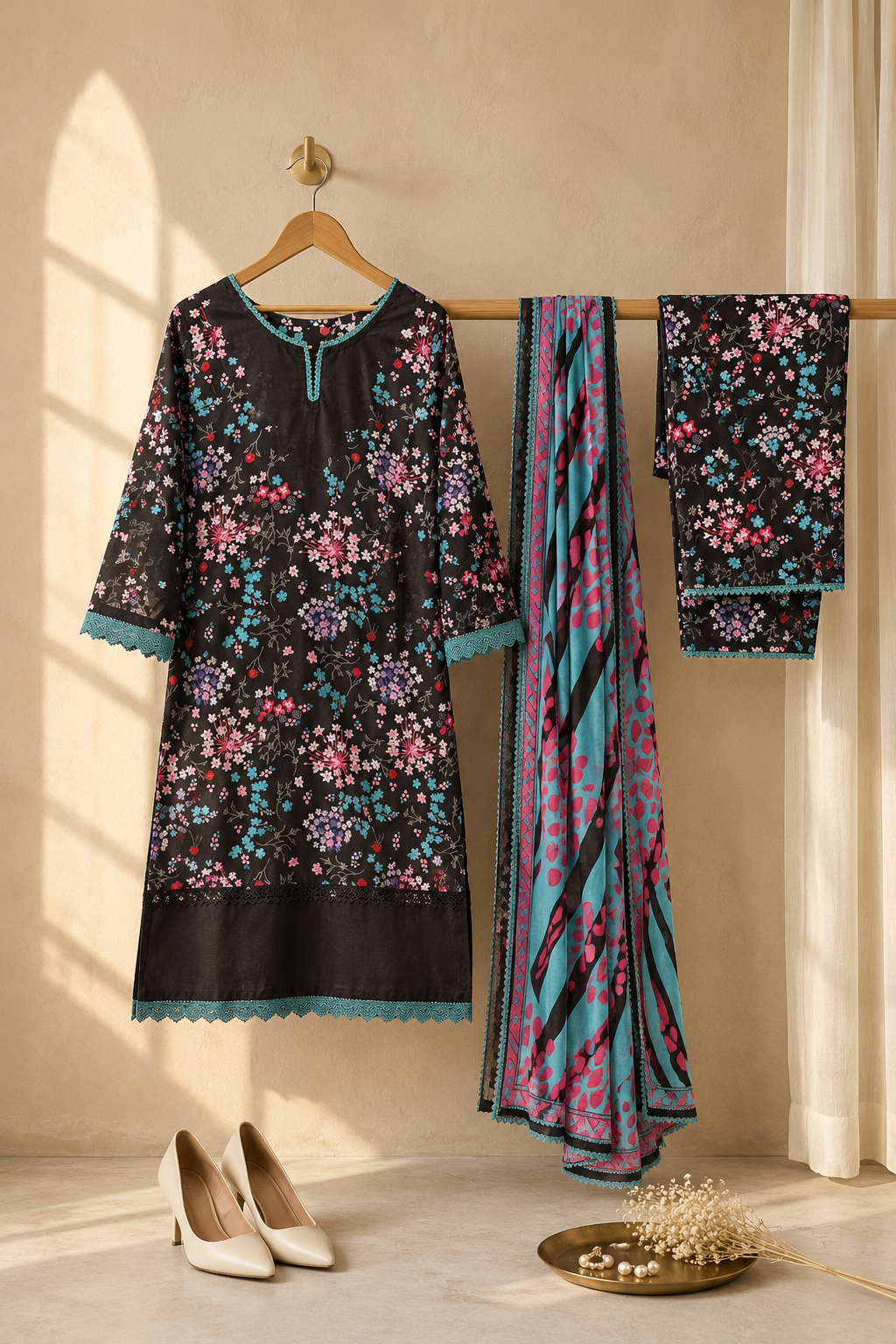 Black Floral Cotton Suit Set