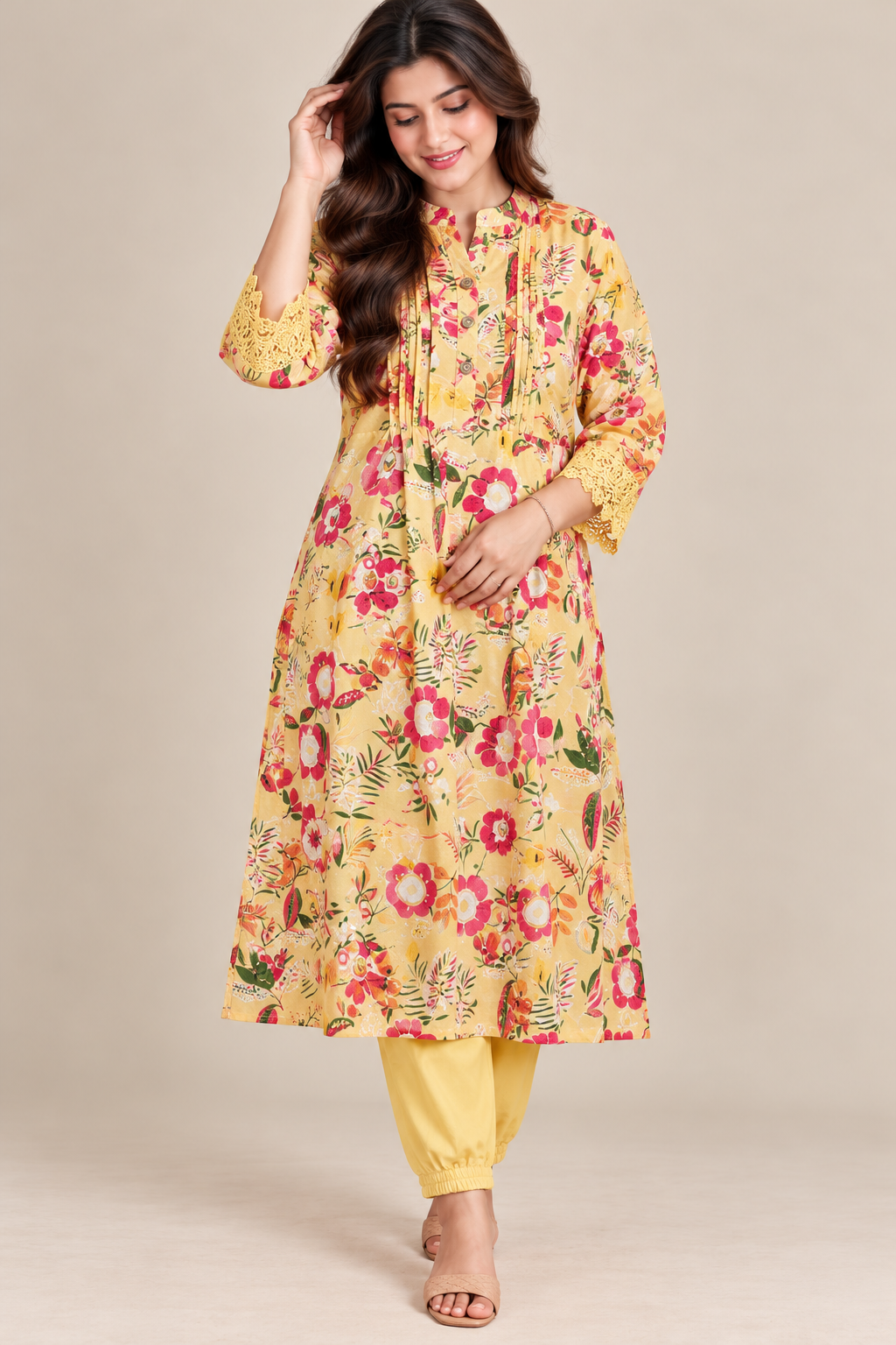 Yellow Floral Lace Kurta Set