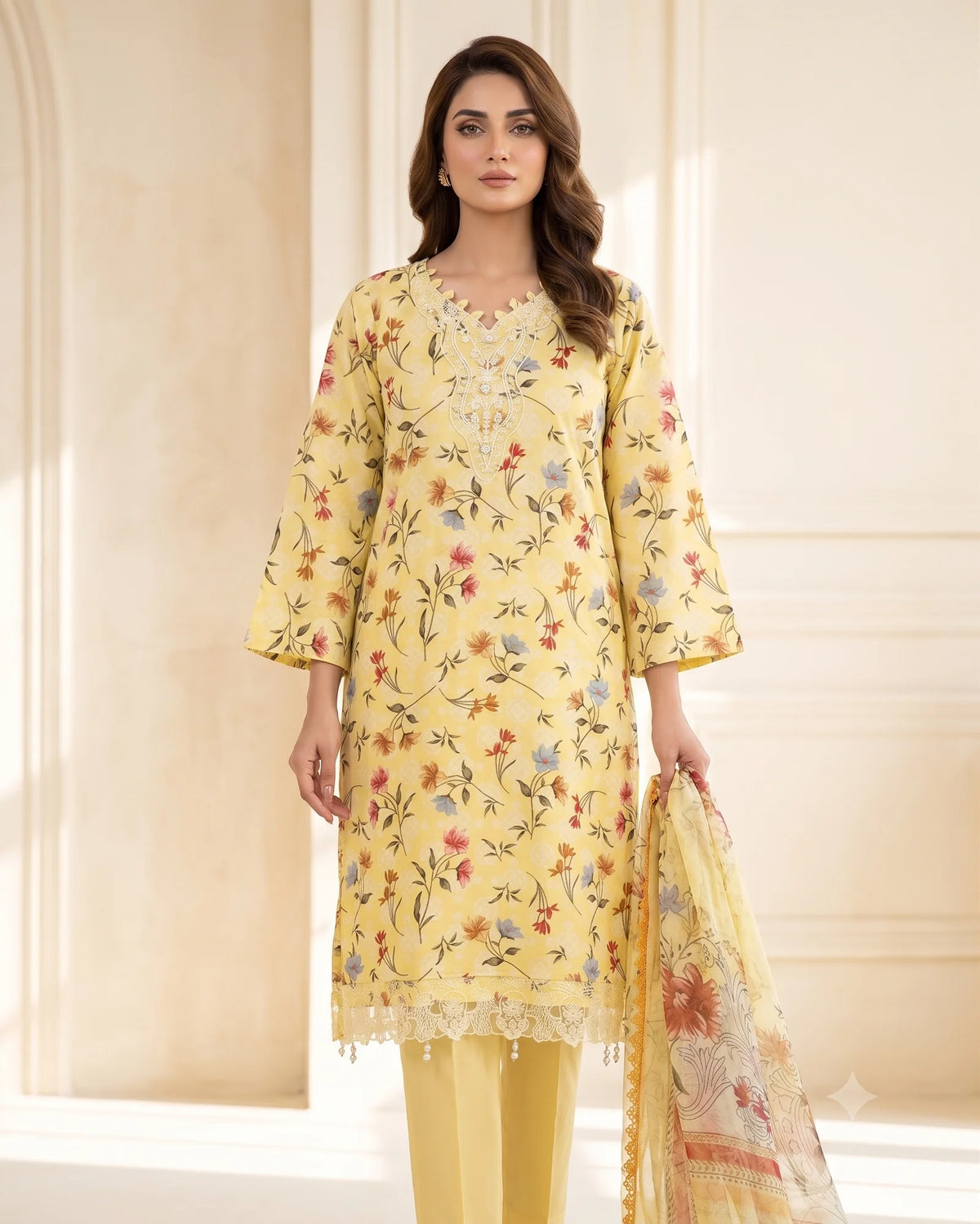 Yellow Floral Embroidered Kurta Set