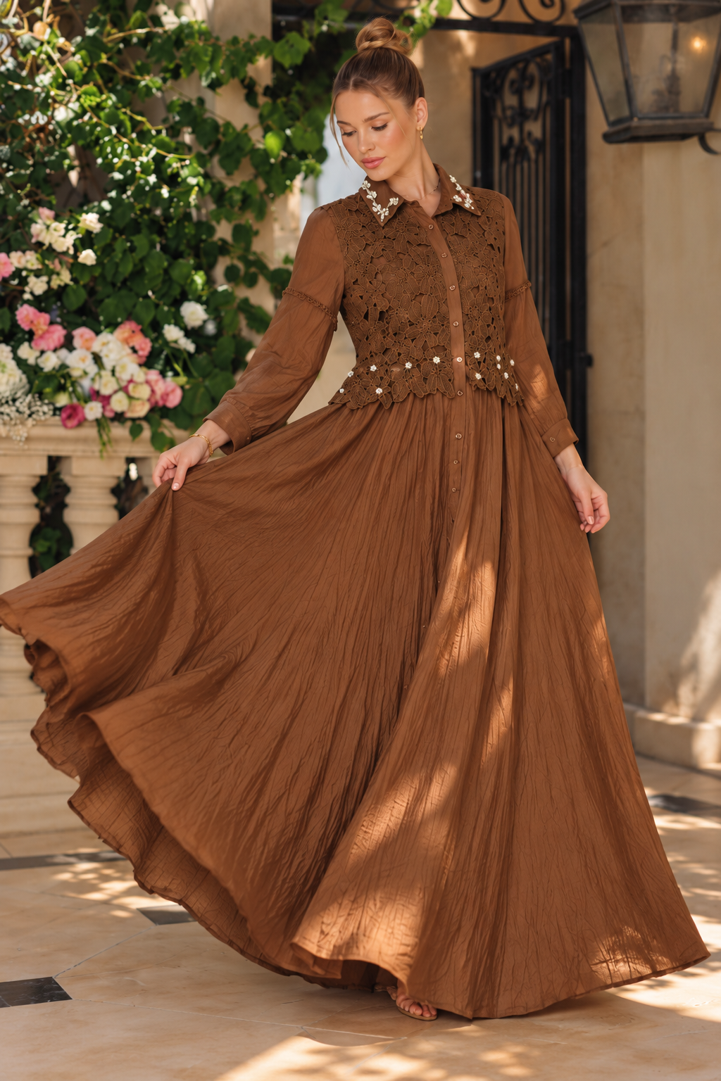 Chocolate Brown Crochet Lace Co-Ord Set for Women