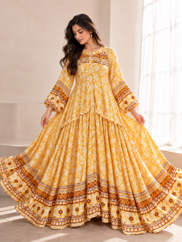Mustard Floral Printed Flared Gown