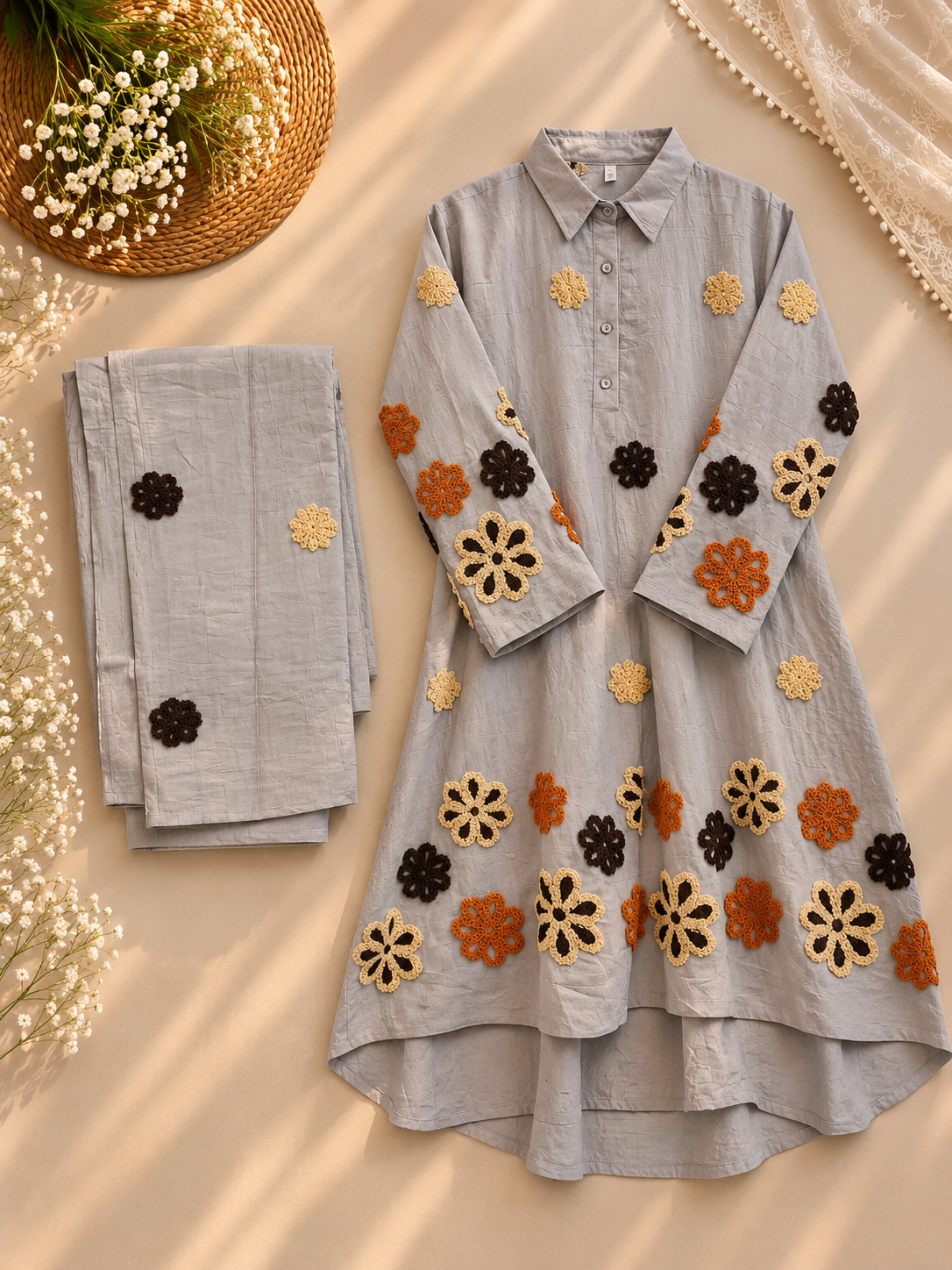 Grey Floral Embroidered Kurta Set