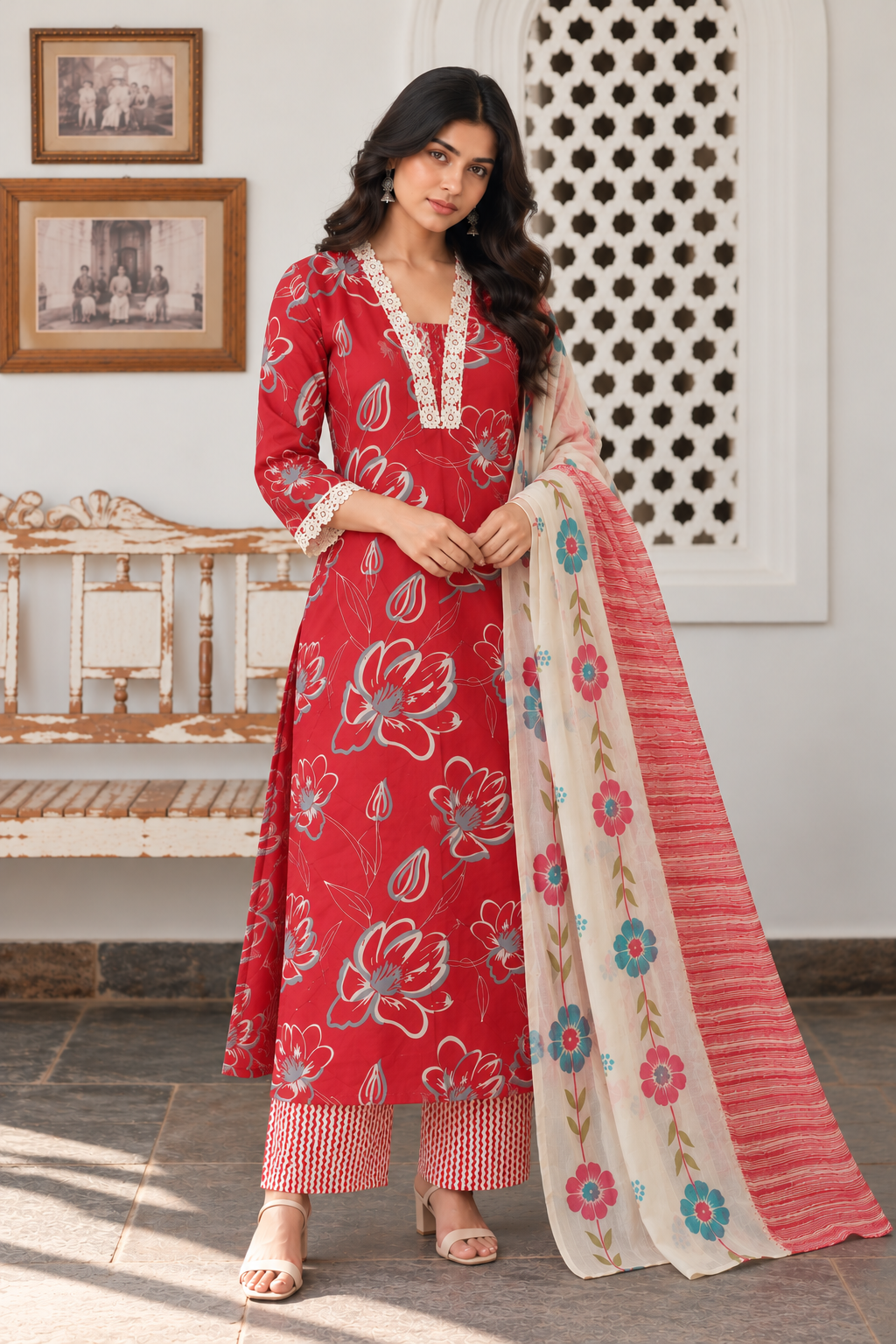 Red Floral Cotton Kurta Set