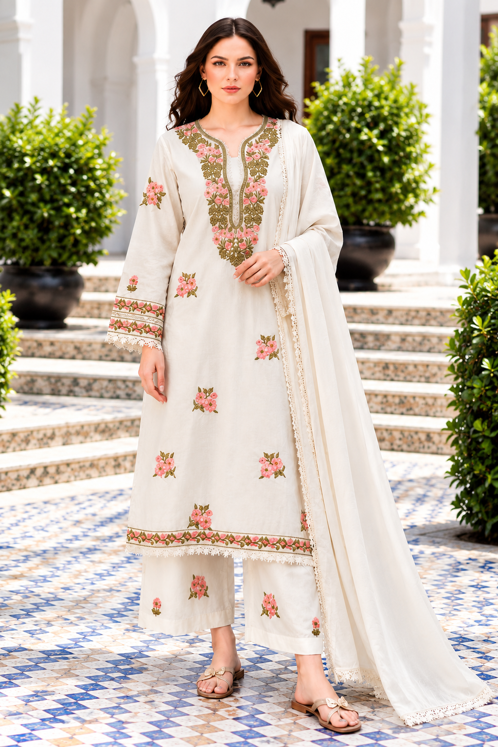 Elegant Ivory Floral Embroidered Kurta Set with Dupatta
