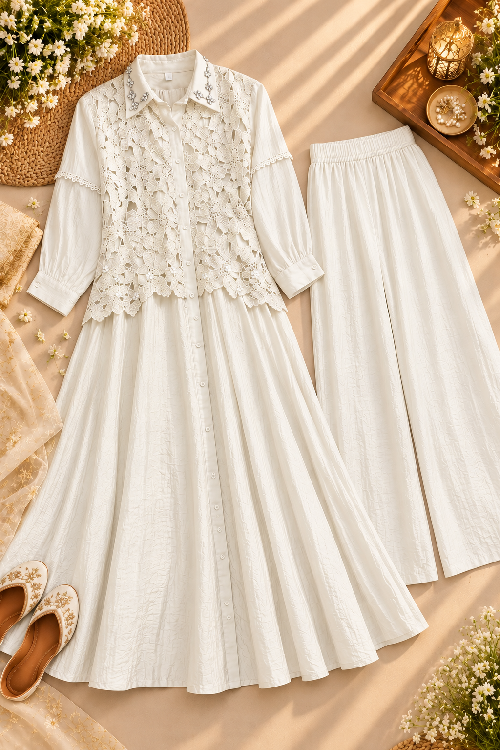 Elegant White Lace Embroidered Maxi Dress with Matching Pants