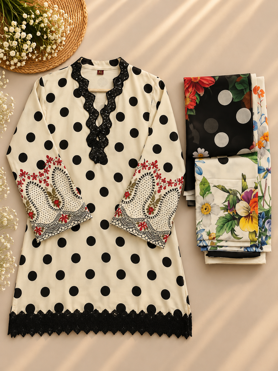 Polka Dot Kurta Set with Printed Pants