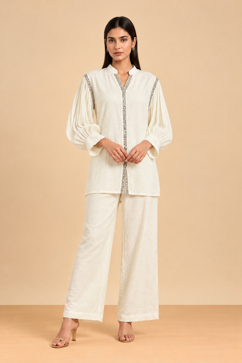 Ivory White Embellished Kurta Set with Wide-Leg Pants
