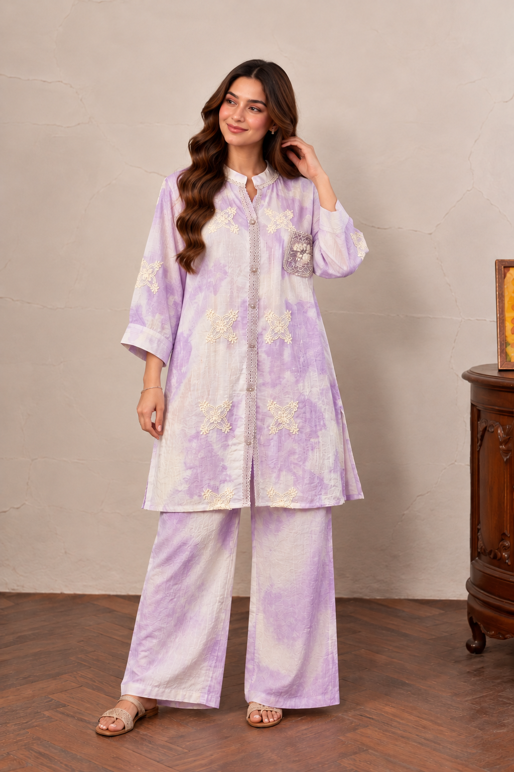 Lavender & Ivory Tie-Dye Embroidered Kurta Set with Pants