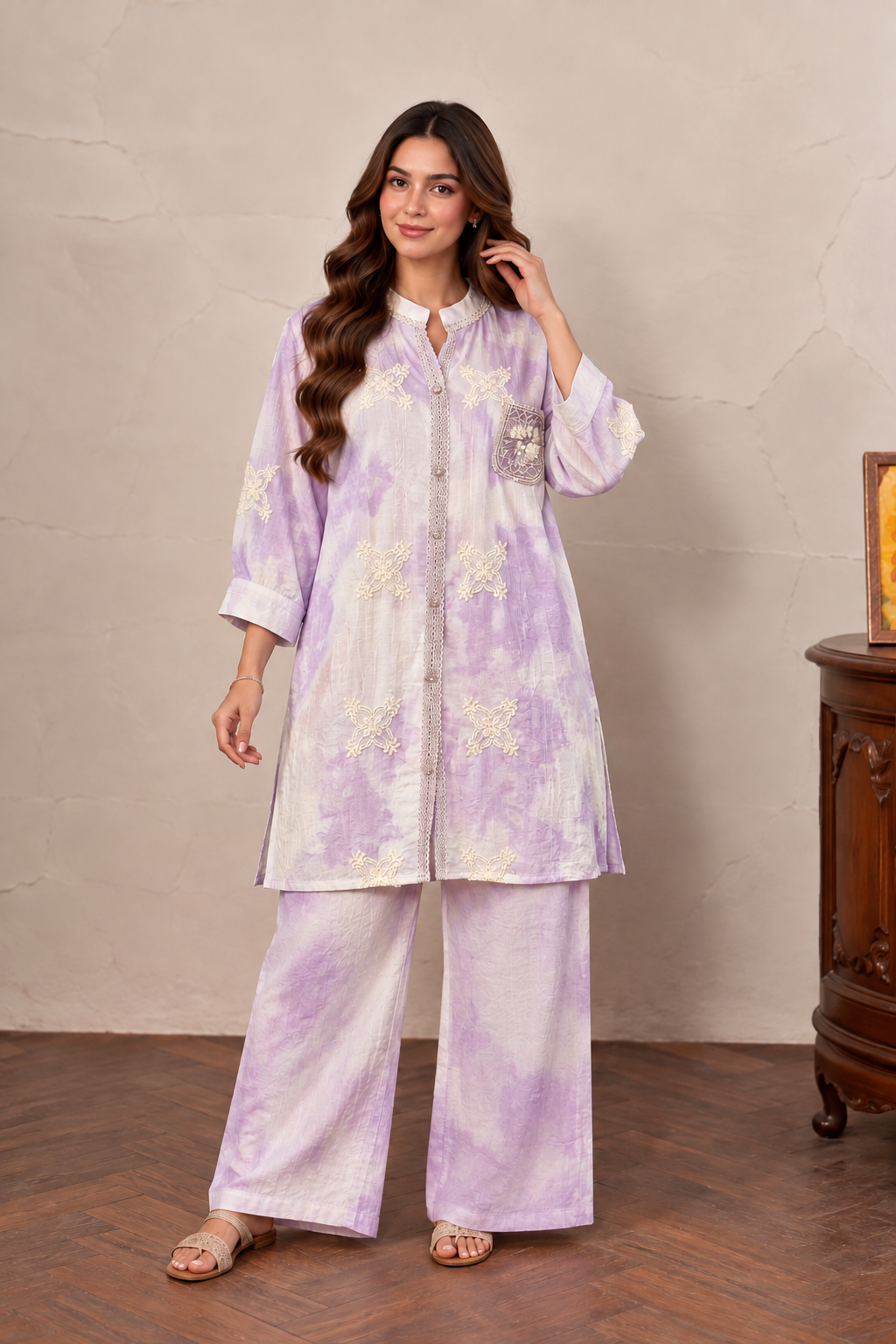 Lavender & Ivory Tie-Dye Embroidered Kurta Set with Pants