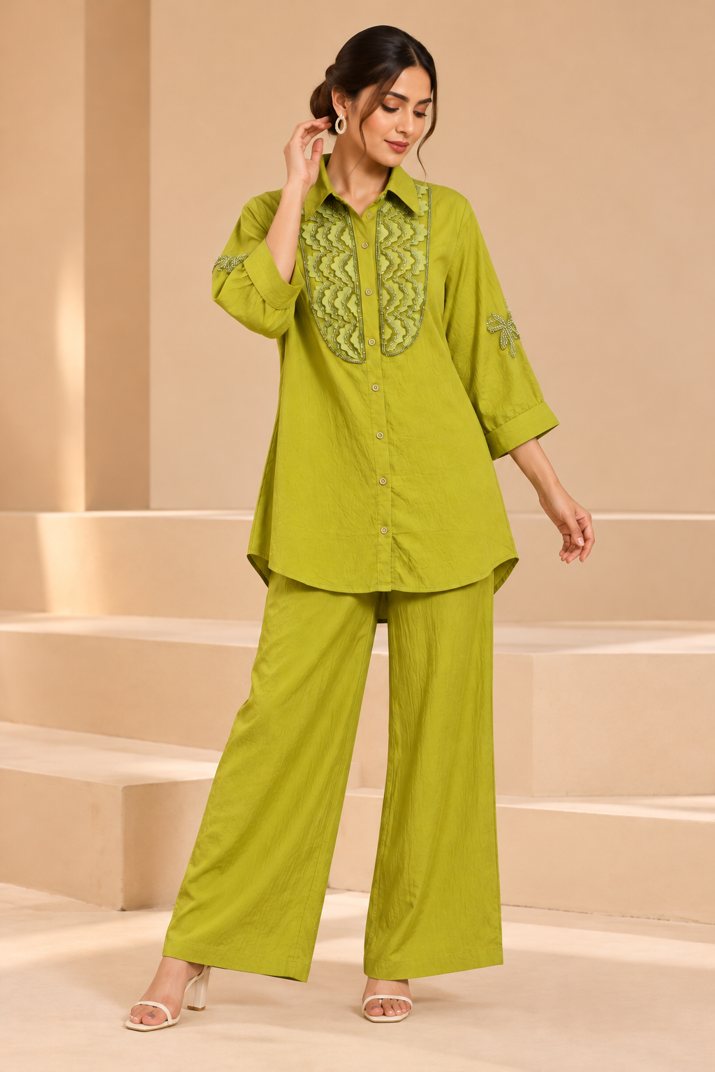 Lime Green Embroidered Shirt-Style Co-Ord Set