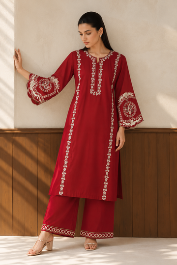 Elegant Maroon Embroidered Kurta Palazzo Set