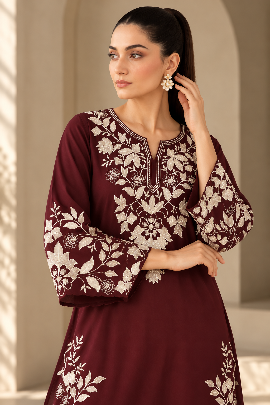 Elegant Maroon Embroidered Kurta Pant Set