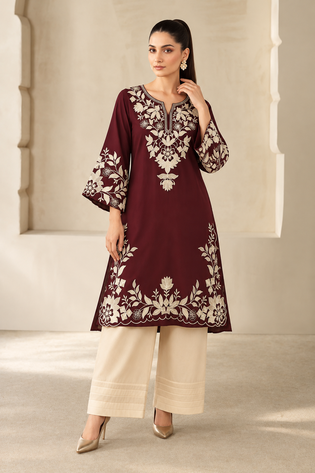 Elegant Maroon Embroidered Kurta Pant Set