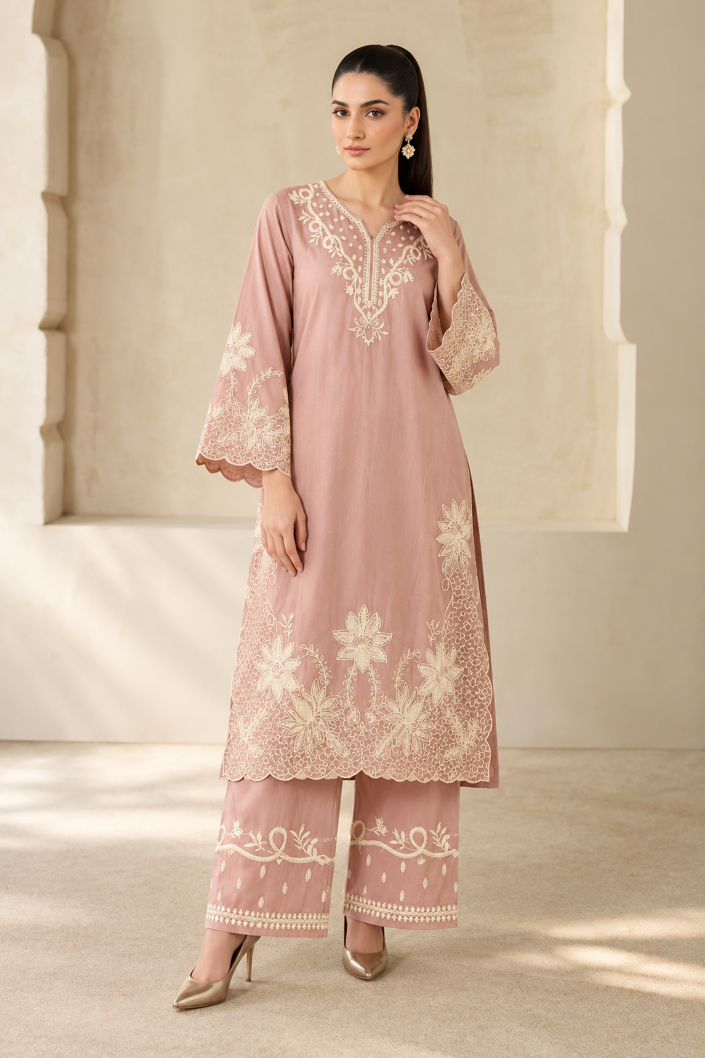 Elegant Dusty Mauve Embroidered Kurta Pant Set