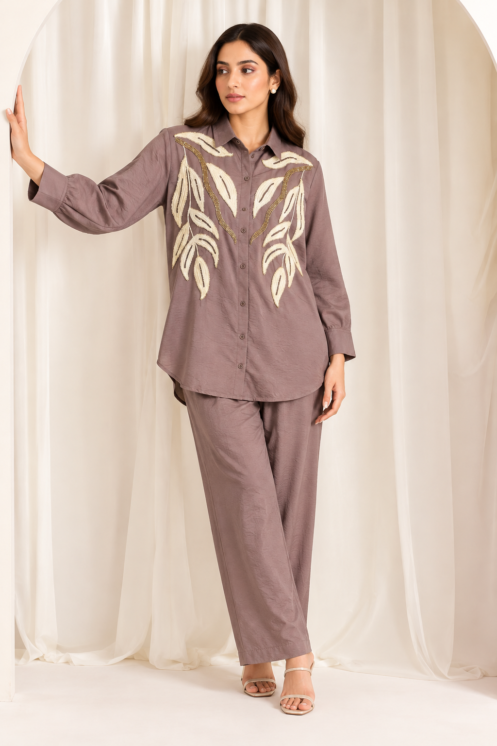 Mauve Embroidered Shirt-Style Co-Ord Set