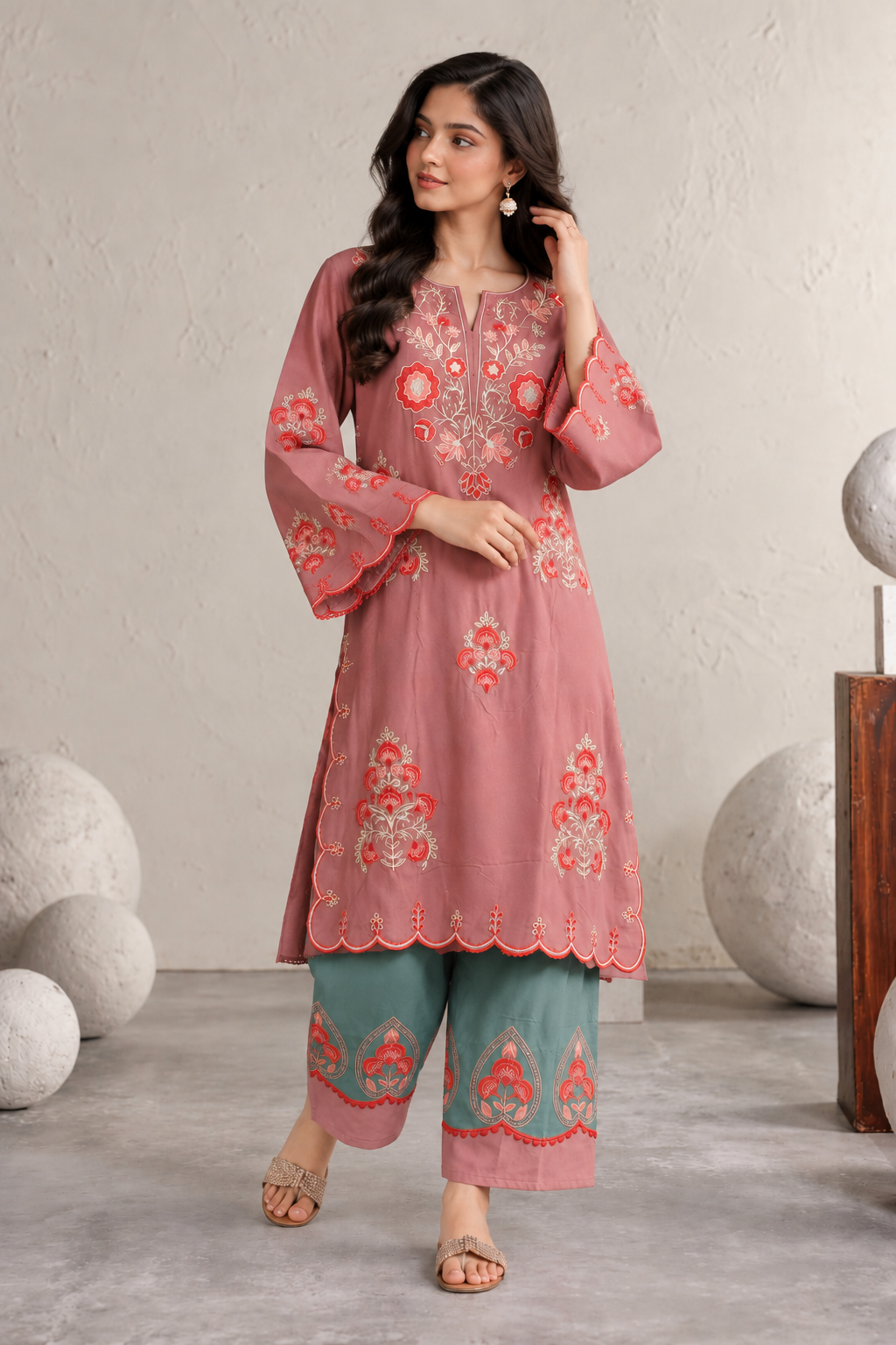Elegant Mauve Pink Embroidered Kurta Pant Set