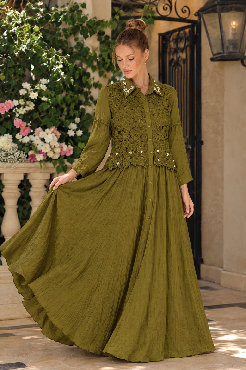 Olive Mustard Brown Crochet Lace Co-Ord Set for Women