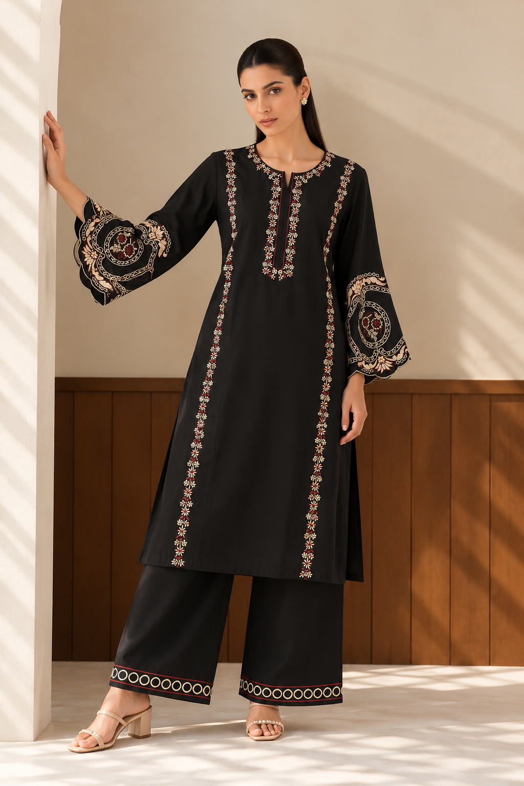 Elegant Black Embroidered Kurta Palazzo Set