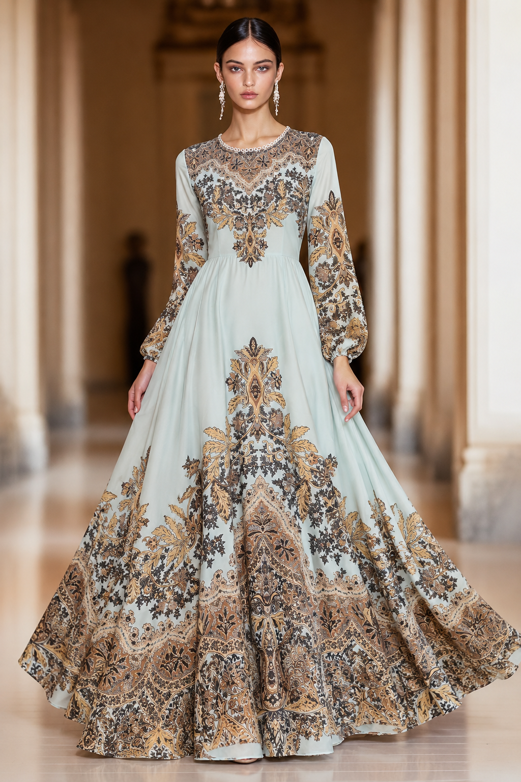 Mint Green Baroque Printed Maxi Gown