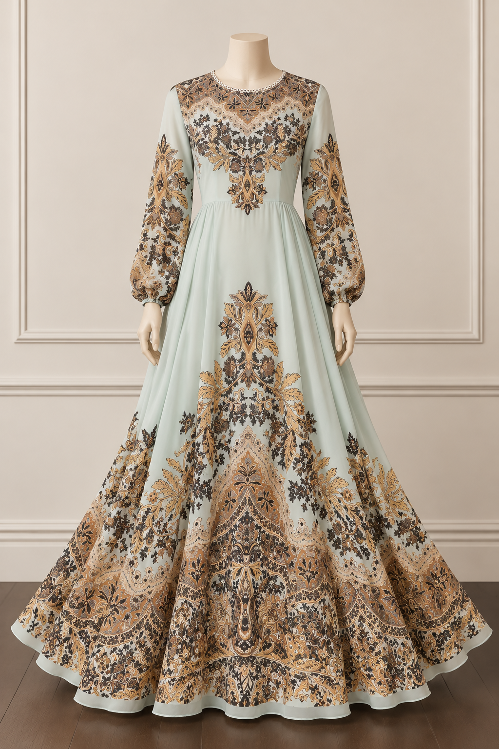 Mint Green Baroque Printed Maxi Gown