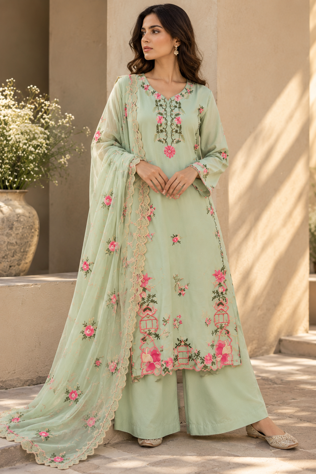 Pastel Mint Green Embroidered Kurta Set with Dupatta for Women