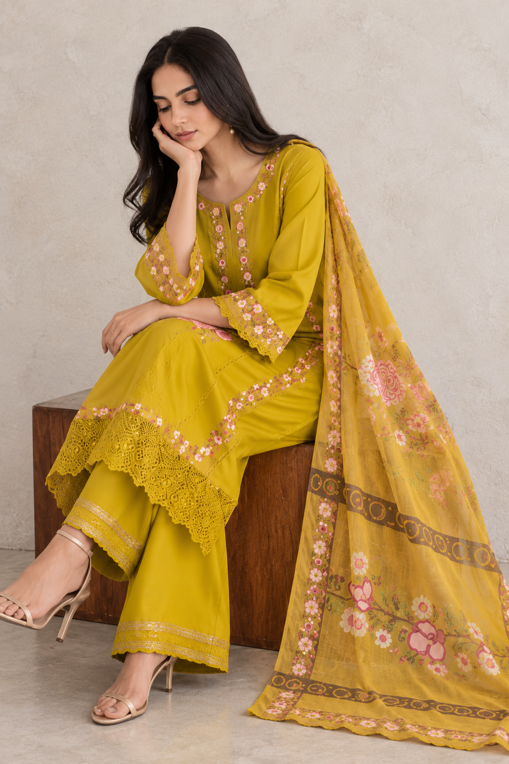 Mustard Yellow Embroidered Kurta Set with Dupatta for Women