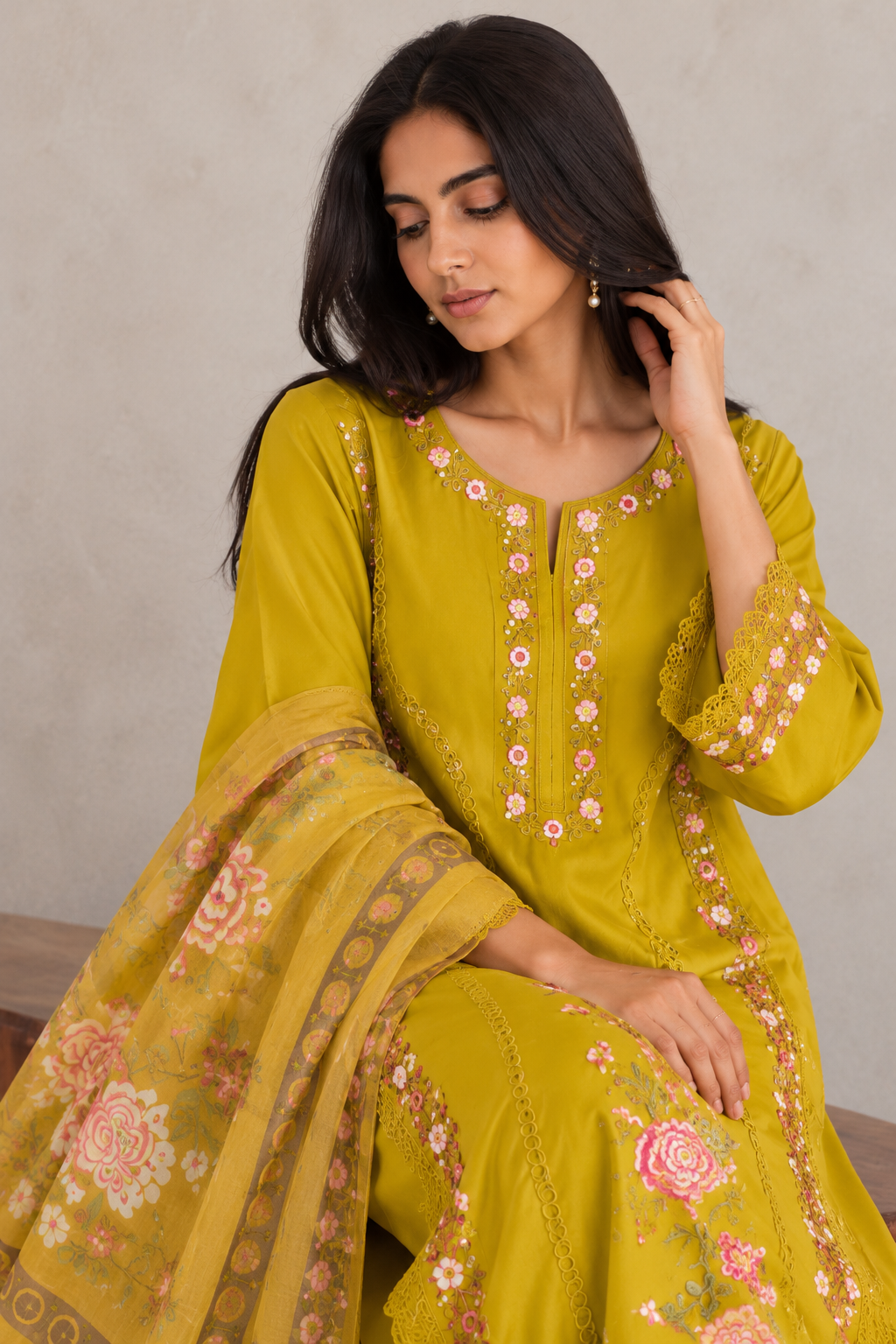 Mustard Yellow Embroidered Kurta Set with Dupatta for Women