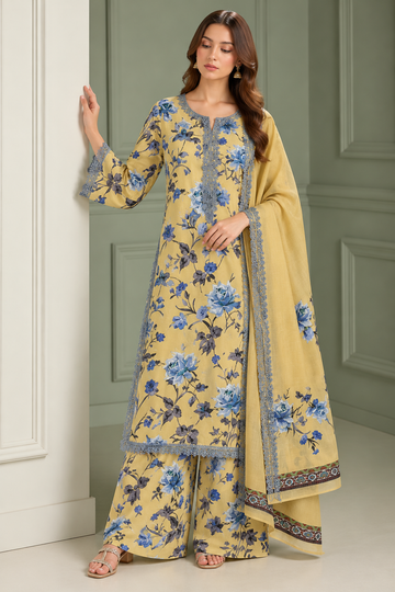 Mustard Yellow Floral Printed Kurta Set with Lace Detailing