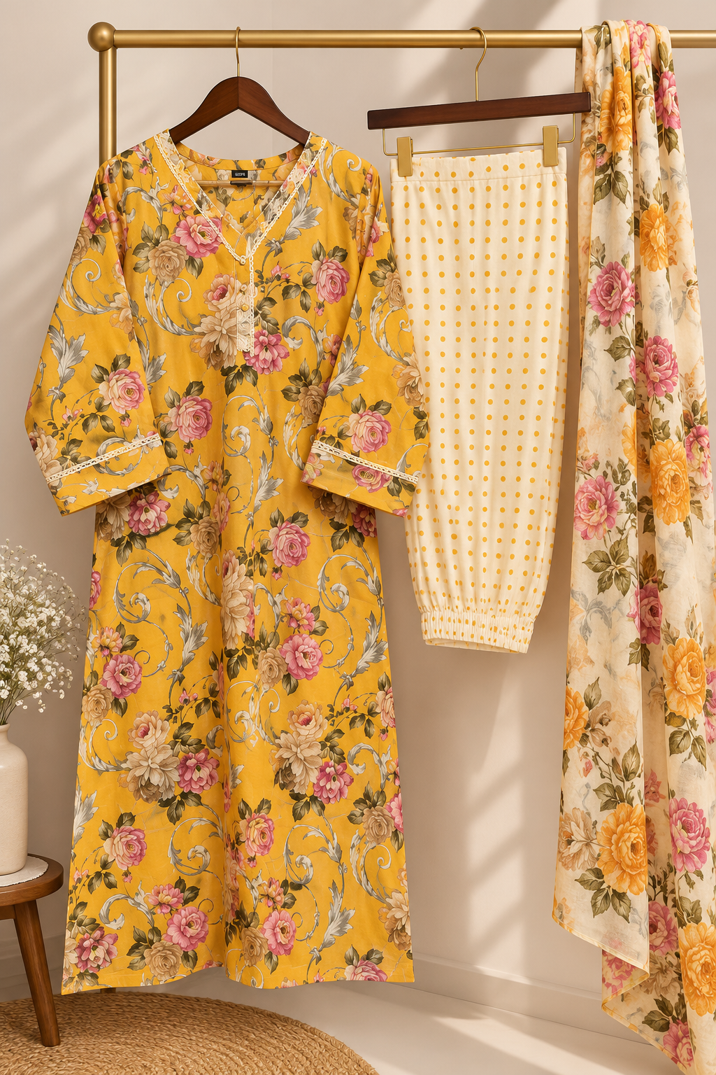 Yellow Floral Cotton Kurta Set