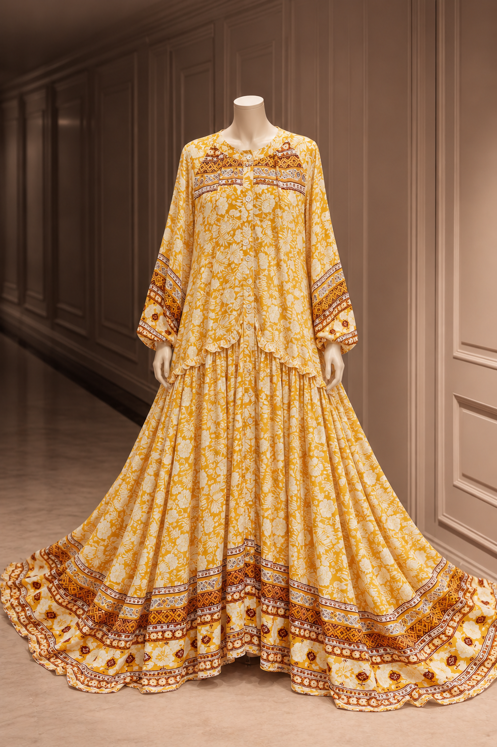 Mustard Floral Printed Flared Gown