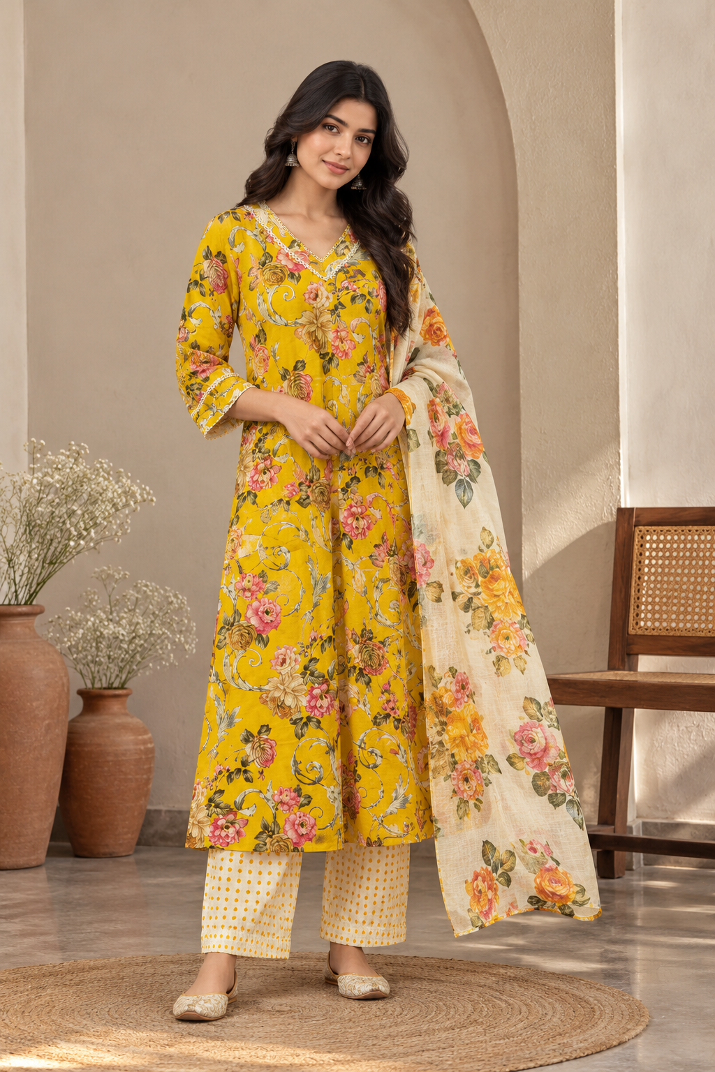 Yellow Floral Cotton Kurta Set