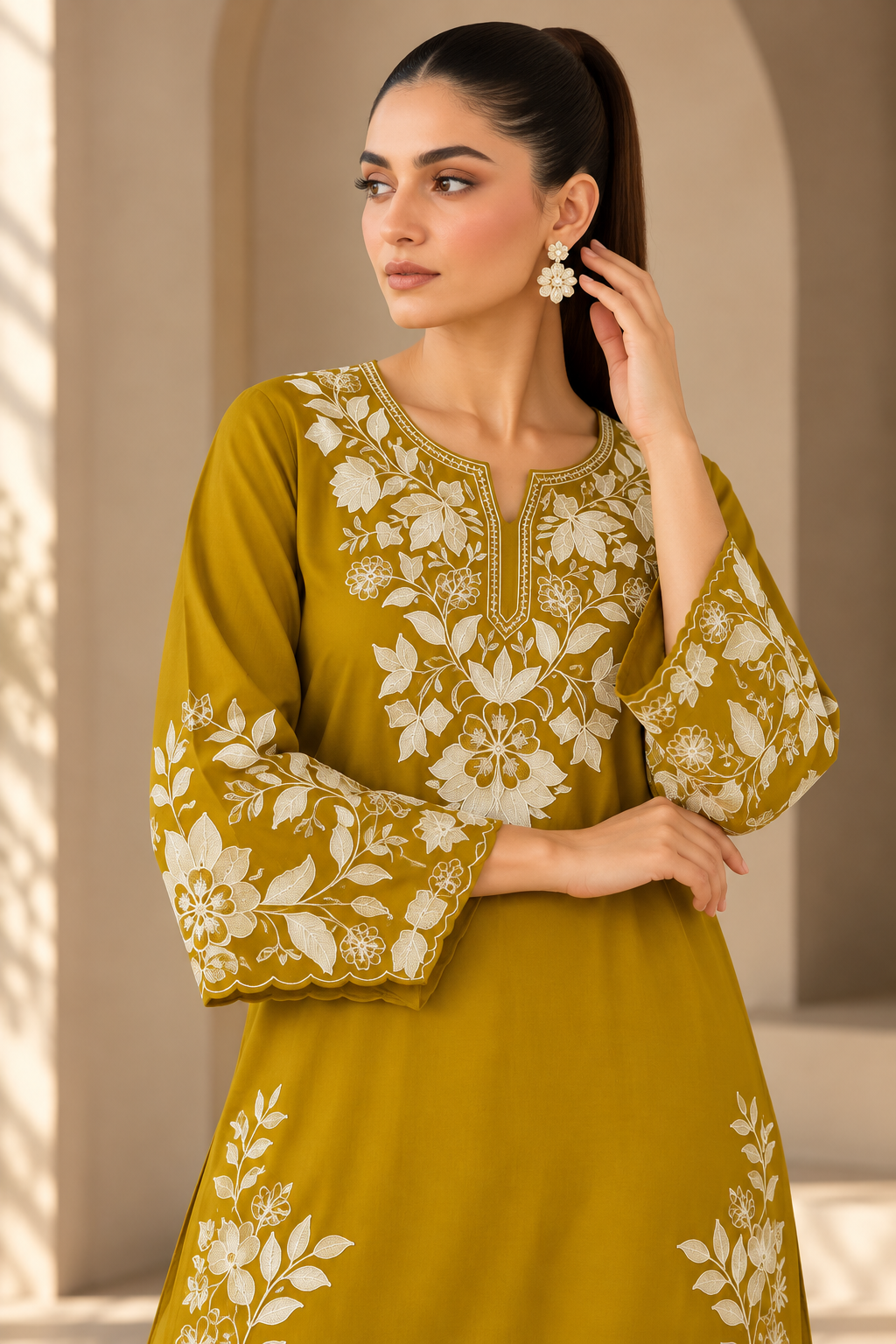 Elegant Mustard Yellow Embroidered Kurta Pant Set