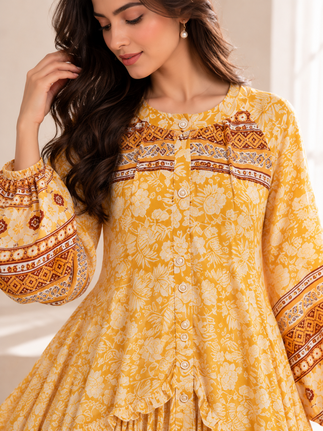 Mustard Floral Printed Flared Gown