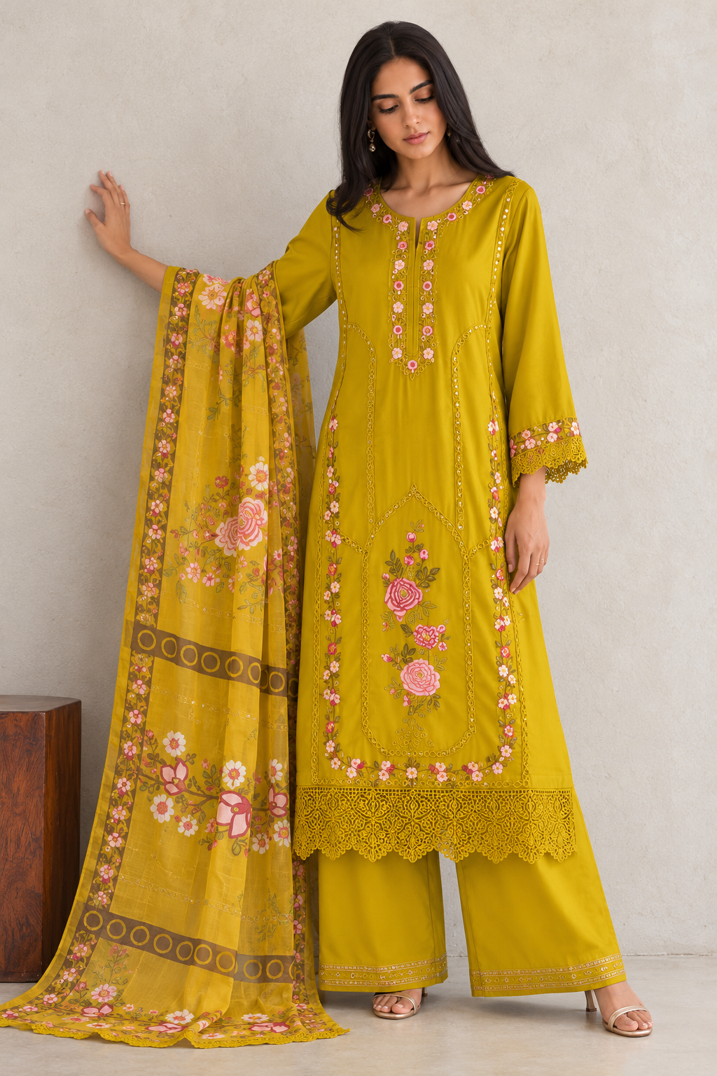 Mustard Yellow Embroidered Kurta Set with Dupatta for Women