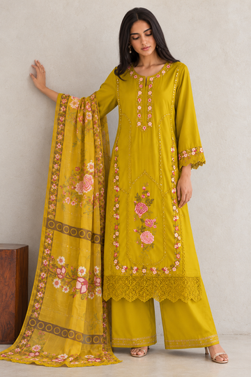 Mustard Yellow Embroidered Kurta Set with Dupatta for Women