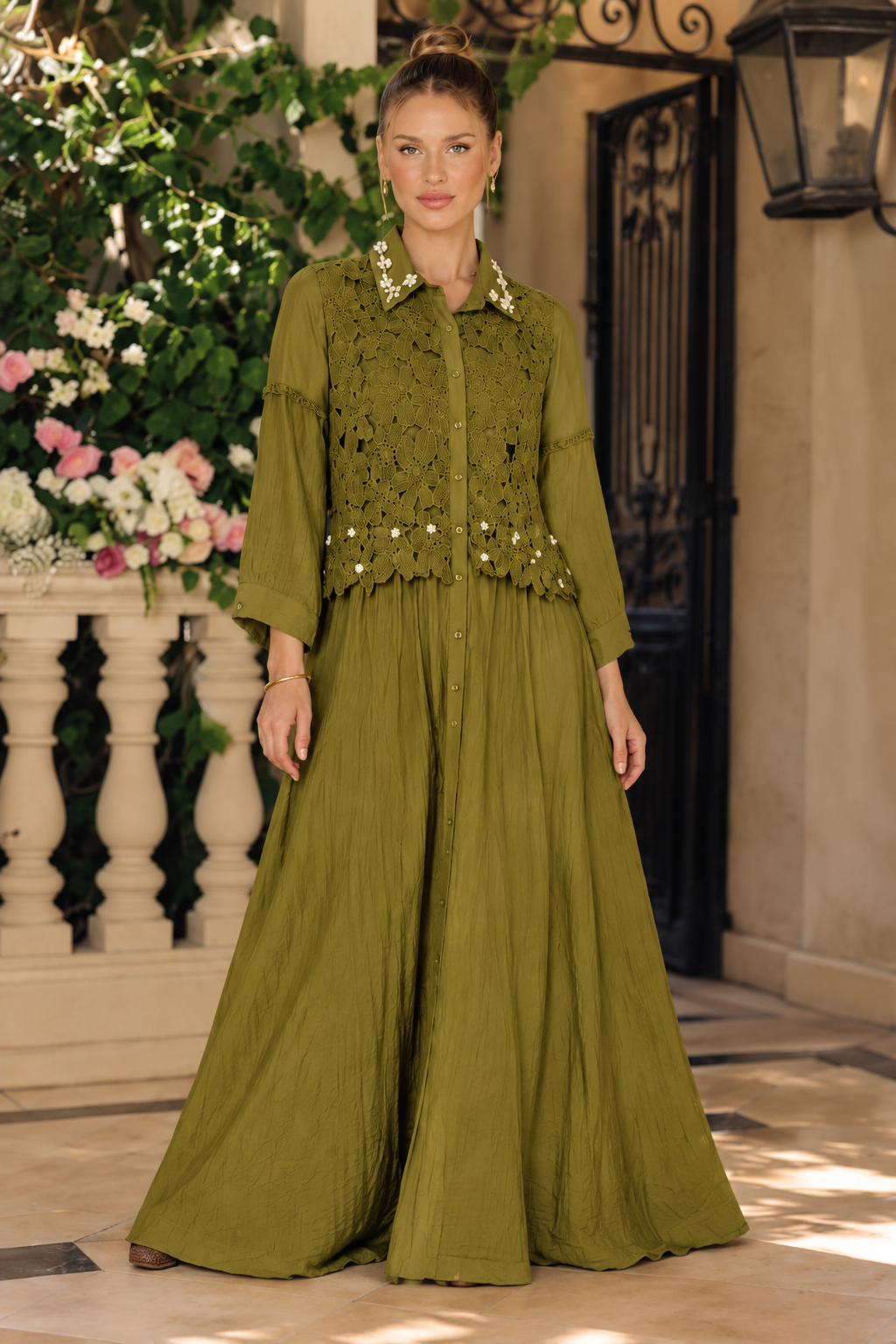 Olive Mustard Brown Crochet Lace Co-Ord Set for Women