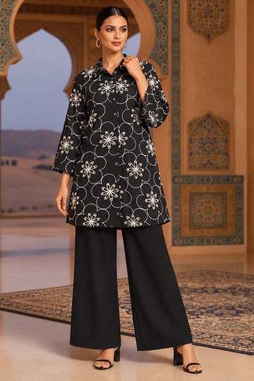 Black Floral Embroidered Shirt-Style Co-Ord Set