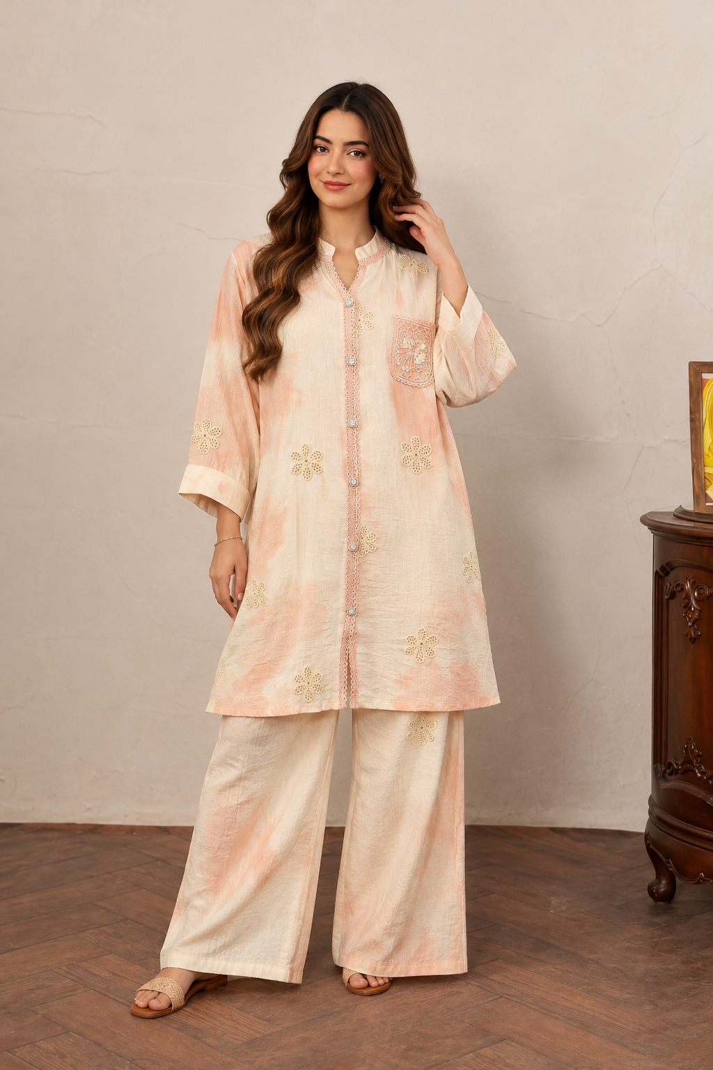 Pastel Peach Tie-Dye Kurta Set with Pants