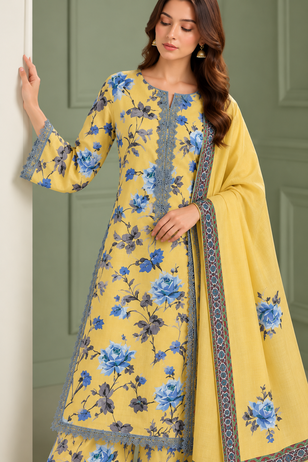 Mustard Yellow Floral Printed Kurta Set with Lace Detailing